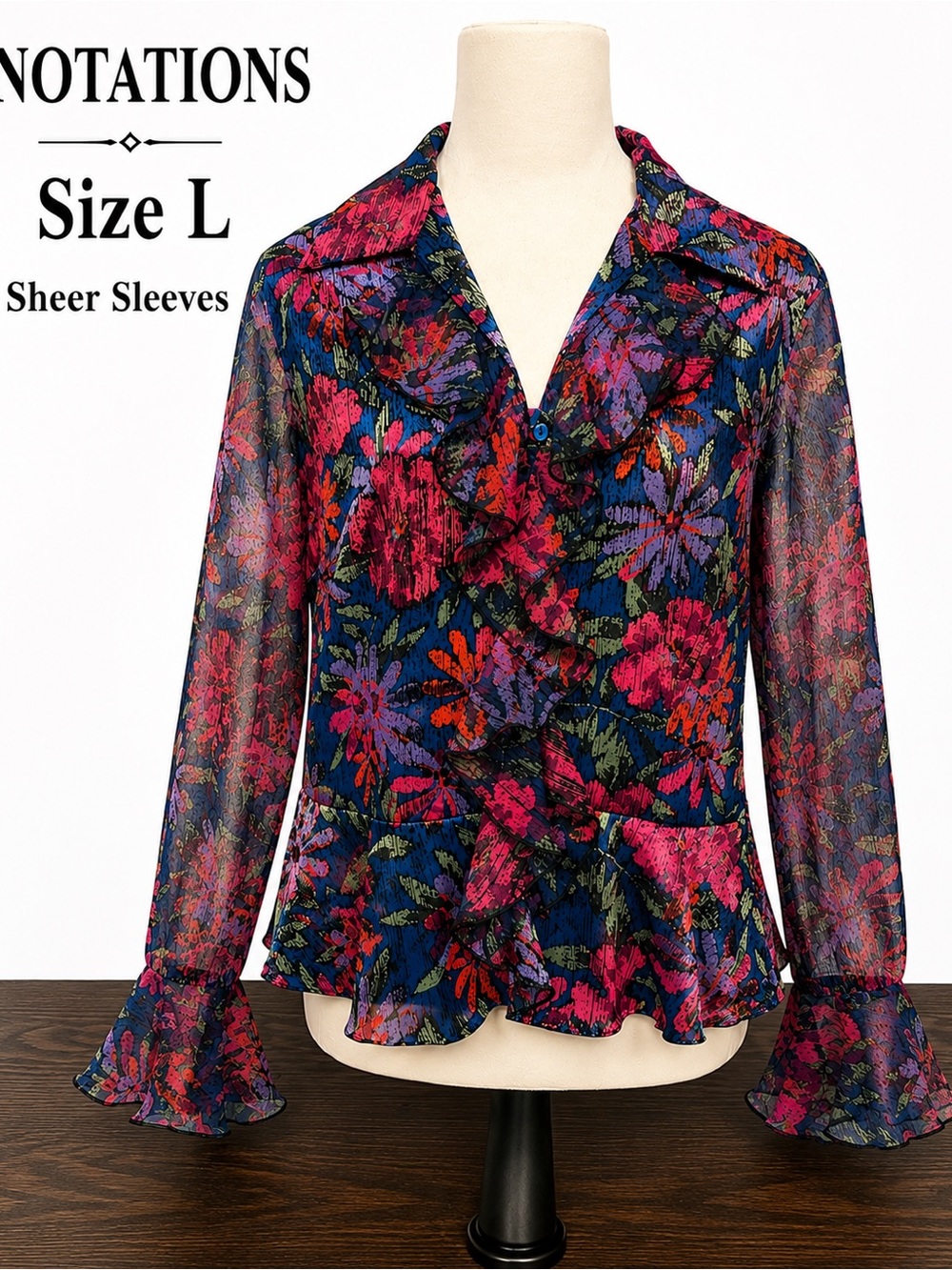 Notations Floral Ruffle Blouse Large Sheer Bell Sleeve Peplum Top